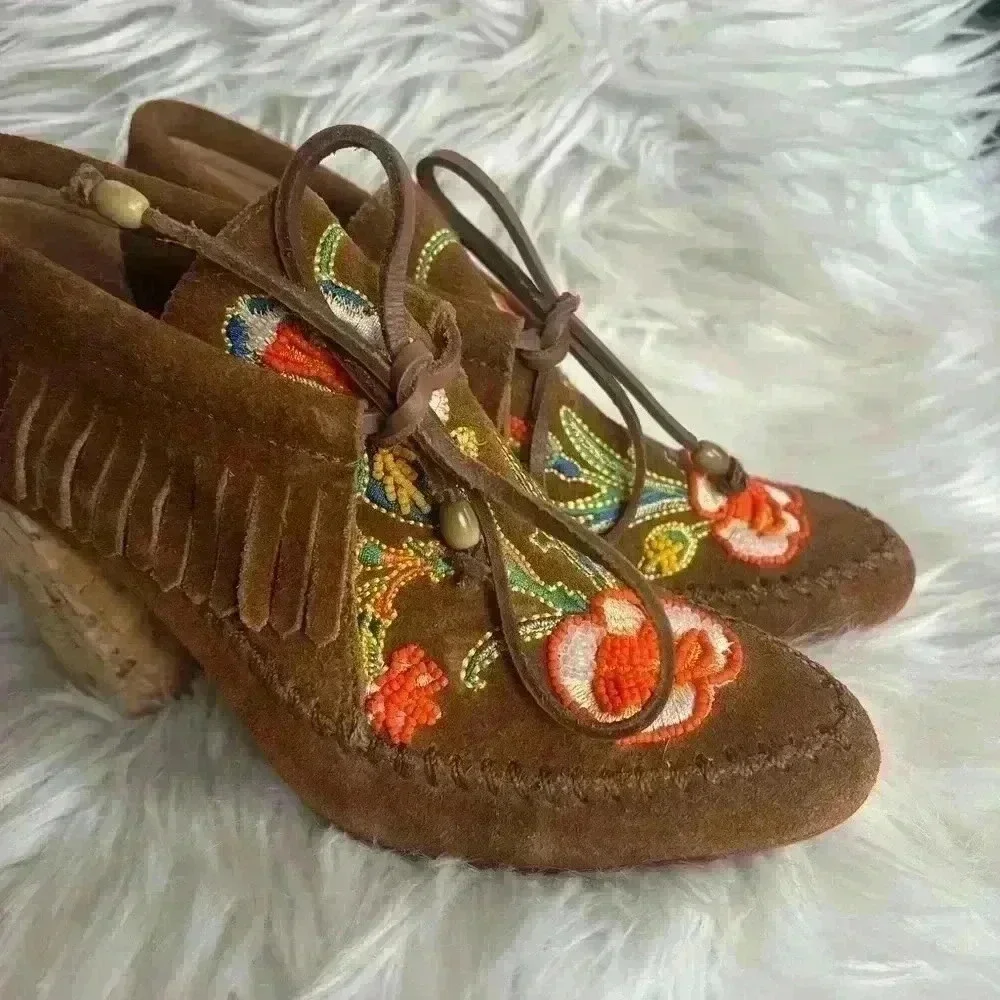Tory Burch Huntington Beaded Embroidered Suede Fringe Booties size 5 heels shoes